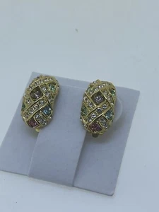 Half Hoop Pave Multi Color Rhinestone EARRINGS Gold Tone Pushback Closure - Picture 1 of 12