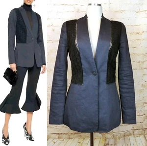 Blazer Elie Tahari Mujer US 2 Azul Bonnie Lino Floral Crochet Panel de Encaje $448 - Imagen 1 de 12
