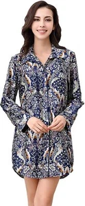 RH Women's Printed Satin Long Sleeve Dress Nightshirt Button Sleepwea PJ RHW2812 - Picture 1 of 8