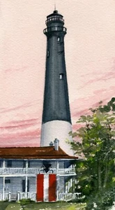 Imán para nevera al atardecer Pensacola Lighthouse Florida. Retrato de acuarela - Imagen 1 de 2