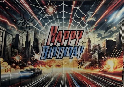 Telón de fondo de feliz cumpleaños temático de Spider-Man 7x4 pies - Nuevo 🕸️ Foto 1 de 4