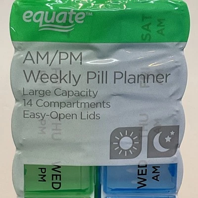 Equate AM/PM Weekly Pill Planner.  Large Capacity.  14 Compartments Lids. NEW - Image 1 of 4