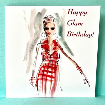 FASHION ART CARD FOR HER;BIRTHDAY/ANY;WIFE;PINK;ST TROPEZ CHIC LADY;LIZI ART;RED - Image 1 of 4
