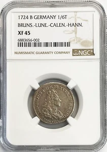 1724 B SILVER GERMAN STATES BRUNSWICK LUNEBURG 1/6 THALER GEORGE COIN NGC XF 45 - Picture 1 of 2
