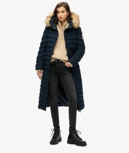 Superdry Womens Eclipse  Navy Blue Fuji Faux Fur Hooded Longline  Colour Size 14 - Picture 1 of 6