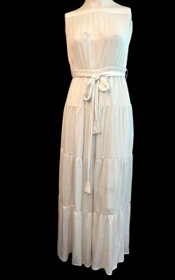 Naked Zebra Small Off Shoulder White Ruffle Tiered Maxi Dress Belted NWT Flaw - Image 1 of 4