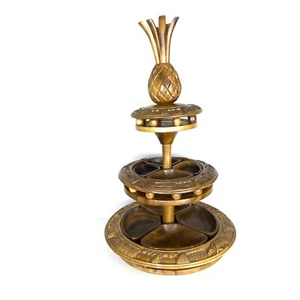 Vintage MCM 3 Tiered Lazy Susan Server Hand Carved Pineapple Monkey Pod Tiki - Picture 1 of 12