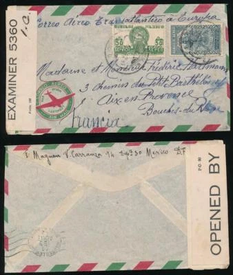 BERMUDAS CENSOR INTERCEPTADO MÉXICO a FRANCIA 1942 CORREO AÉREO 5360 IC Foto 1 de 3