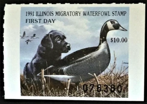 1991 Illinois State Duck Stamp IL17, Canada Geese + Black Lab, $$$ Below Face $$ - Picture 1 of 2