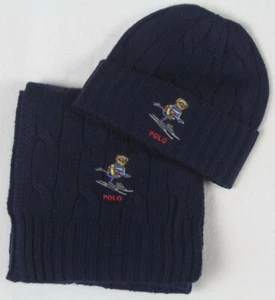 Polo Ralph Lauren Collectable Navy Teddy Bear Skiing Scarf Beanie Hat Cap NWT - Picture 1 of 1