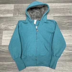 Vintage Y2K Babydoll Hoodie Women XS/S Teal Faux Fur Lined FullZip Skate Blue - Picture 1 of 9