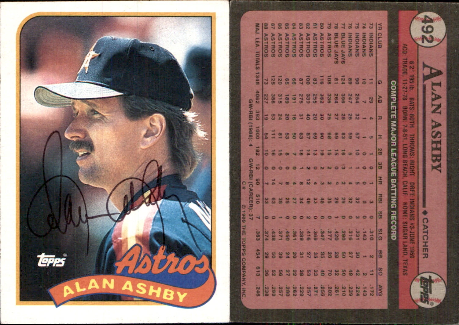 Alan Ashby Signed 1989 Topps #492 Card Houston Astros Auto AU