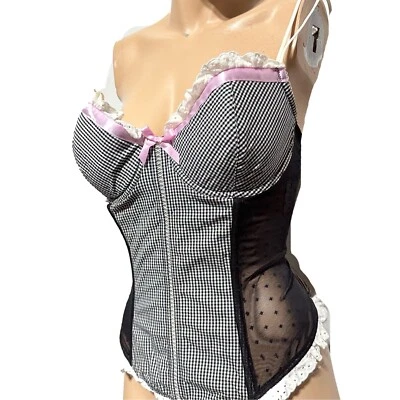Smart & Sexy Corset Top 38C Mesh Black White Checkered Gingham Pink Bow NWT - Image 1 of 4