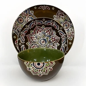 Pier 1 Import Global Medallion Brown Multicolor Set 6 Dinner/Salad plates Bowl - Picture 1 of 7