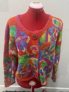 90s Vintage Floral Cardigan Sweater Embroidered Size M Hand Made - Picture 1 of 6