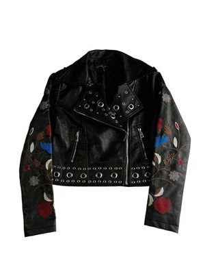 Chaqueta de moto de cuero Romeo Juliet Couture para mujer talla mediana bordado floral Foto 1 de 4