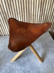 Vintage Tooled Brown Leather Folding wood Tripod Cowboy Stool handcrafted  - Picture 1 of 11