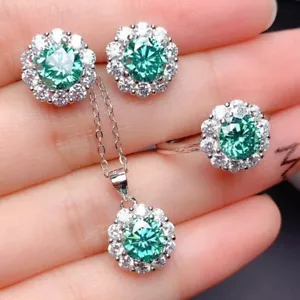 3pc Set Blue Green Simulated Moissanite Silver Women Necklace Stud Earring Ring - Picture 1 of 6