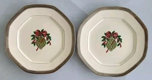 Set of 2, Holly Ornament, Christmas, Holiday, Plates. Silver Trim, Mikasa - Picture 1 of 8
