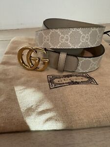 GUCCI LEATHER TRIMMED PRINTED LOGO CANVAS BELT SIZE 80 TAN GOLD HW GG $430