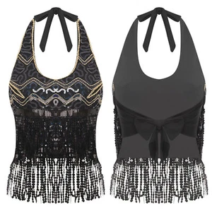 Women Top Halter Neck Costume Festival Bra Stage Self Tie Sequins Lace-up Sexy - Picture 1 of 118