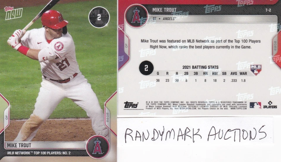Mike Trout LOS ANGELES ANGELS 2022 TOPPS NOW MLB NETWORK TOP 100 T-2 SP 605 - Image 1 of 1
