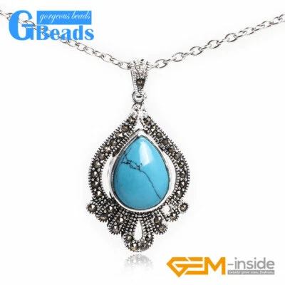 Cadena collar colgante turquesa jade verde cuentas por goteo marcasita plata 22x42 mm Foto 1 de 4