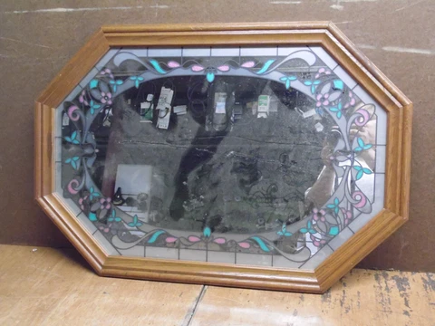 Vintage Wood Octagon Oval Floral Stained Glass Wall Mirror 31x21 Cover