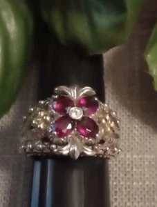 BARBARA BIXBY 925 Sterling Silver & 18K Gold Flower Gemstone Ring Size 8 - Picture 1 of 5