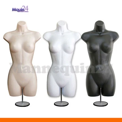 3 Female Mannequin Torsos Flesh White Black Dress Forms with 3 Stands 3 Hangers - Image 1 of 4