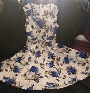 Curve Memory Brand New Dress, 50s Rockably, FitNFlair Sz L Blue/Brn Floral Print - Picture 1 of 9