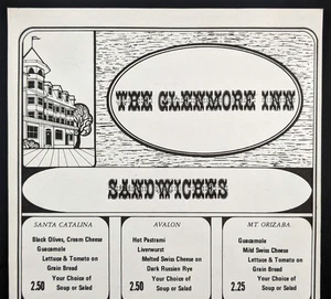 The Glenmore Inn Menù Ristorante Vintage Santa Catalina California - Foto 1 di 3