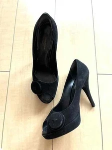 Louis Vuitton Authentic Open Toe Suede Pumps Black LV mark 36.5 US6.5 23.5cm - Picture 1 of 5