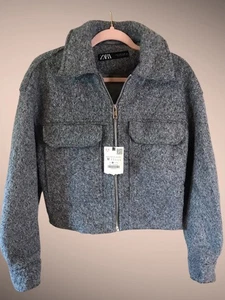 Zara Damen Crop Jacke M mittelgrau grau kurz Bouclé Reißverschluss Neu mit Etikett TikTok viral - Bild 1 von 6