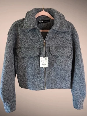Zara Womens Crop Jacket M Medium Grey Gray Short Bouclé Zip NWT TikTok viral - Image 1 of 4