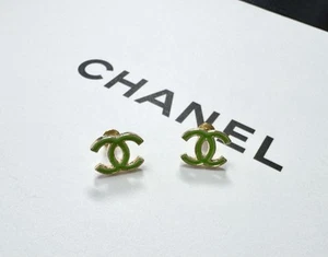 Vintage Chanel Logo Lime Green Enamel Matte Gold Finish Stud Earrings - Picture 1 of 6