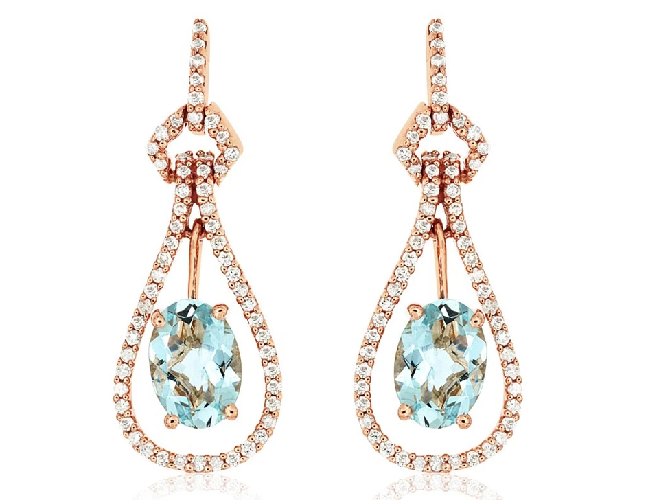 Pendientes colgantes de oro rosa de 14k con detalles de aguamarina y diamantes de corte ovalado, 2,6 g Foto 1 de 1