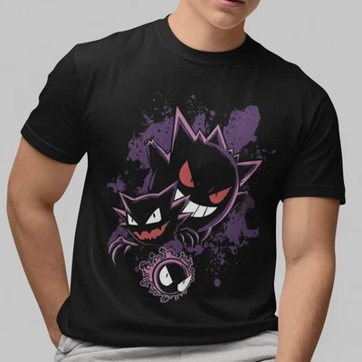 Pokémon Ghost Type T-Shirt Gengar Haunter Gastly Graphic Tee Black Unisex Anime - Image 1 of 4