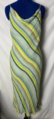 Trio New York Striped 100% Silk Cowl Midi Dress Sz 10 Retro Ruffled Hem  - Image 1 of 4