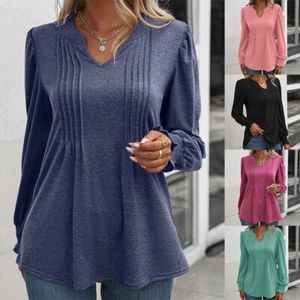 Abbigliamento donna maglietta lunga smoking scollo a V tinta unita casual top manica a sbuffo - Foto 1 di 13