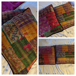 VTG Unique Handmade Pure Silk Patchwork Cushion Cover + Pad Inner Ethnic Rustic - Picture 1 of 29