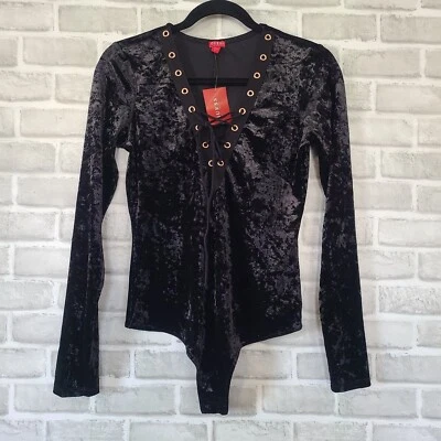 Guess Negro Terciopelo Aplastado Body Corsé Corbata Frontal Pequeño NUEVO Foto 1 de 4