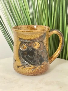 Vintage Art Pottery Owl Mug Brown High Gloss Glaze Ceramic Cup Handmade - Picture 1 of 8