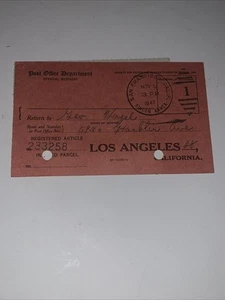 1344 US POST OFFICE TARJETA RECIBO DEVOLUCIÓN FORMULARIO 1947. 3811, Los Ángeles - Imagen 1 de 3