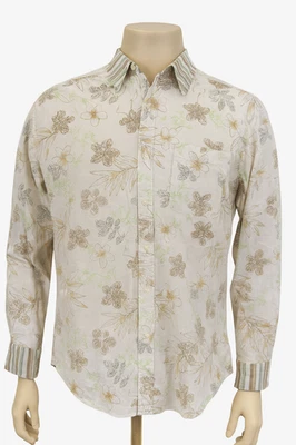 Zegna Sport Men’s Small Floral Button Up Shirt Beige Green Striped Cuffs Made Ro - Image 1 of 4