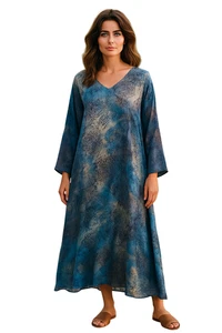 Maxi abito Ulla Popken Plus blu multicolore paisley rayon 24/26 boho manica lunga - Foto 1 di 12