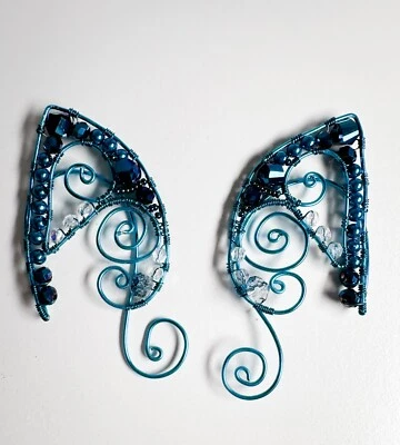 Elf EARS Fairy FANTASY Cosplay Handmade Wire Bead Costume Blue Ren Faire 2.5" - Image 1 of 4