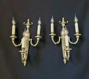 Vintage Antique Pair Wall Lights of French Brass 3 Lights Sconces Wall Lamps - Picture 1 of 18