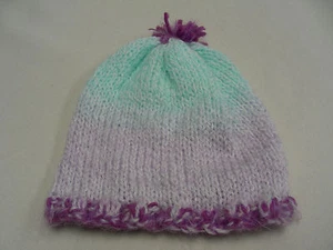 PURPLE & BLUE - HAND KNITTED - KIDS ONE SIZE - STOCKING CAP BEANIE HAT! - Picture 1 of 3