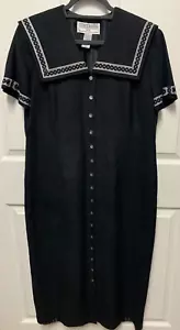 Abito vintage Jessica Howard taglia 14 nero bottoni lino marinaio midi spilla tucks - Foto 1 di 11